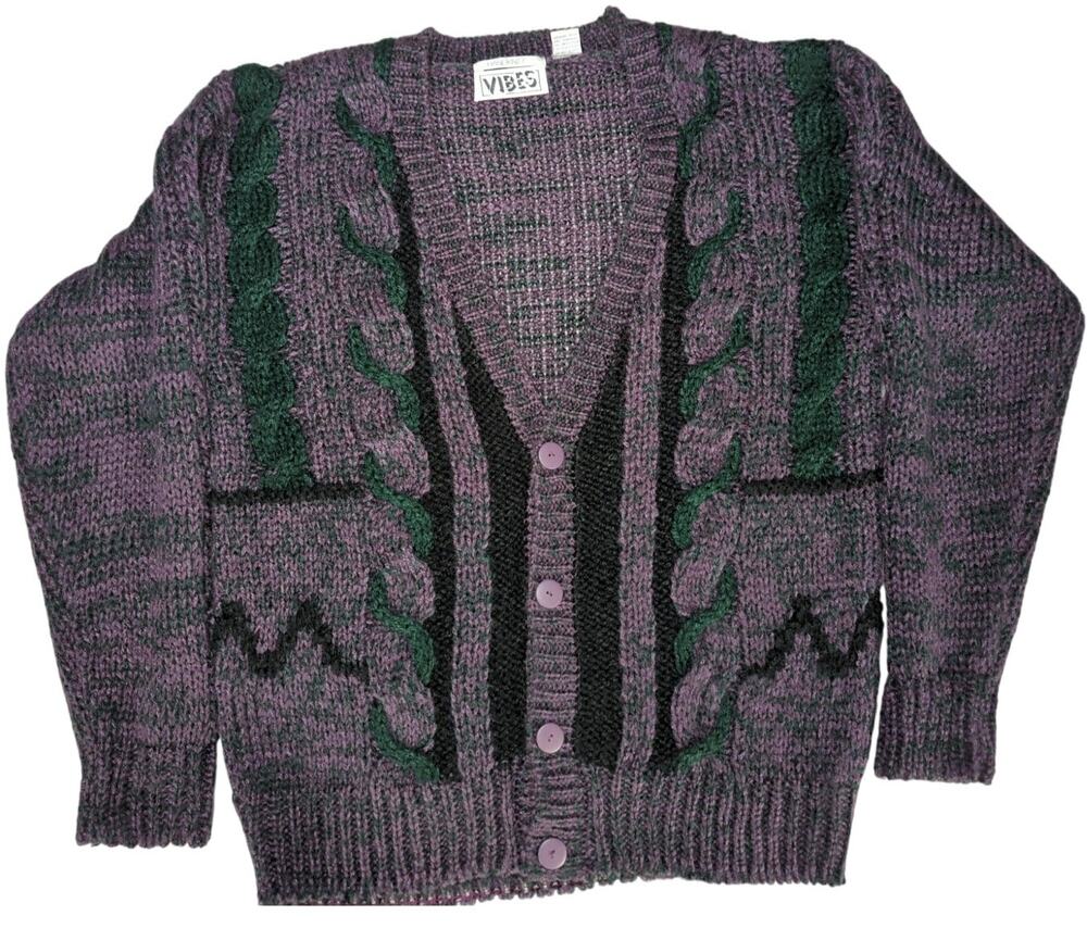 VTG Vibes Handknit Cardigan Sweater L Purple Green Chunky Knit Made Korea